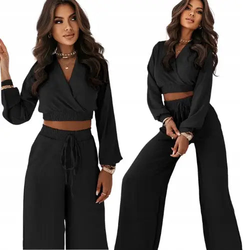 Komplett Top Crop Bukse Bluse Sett Svart