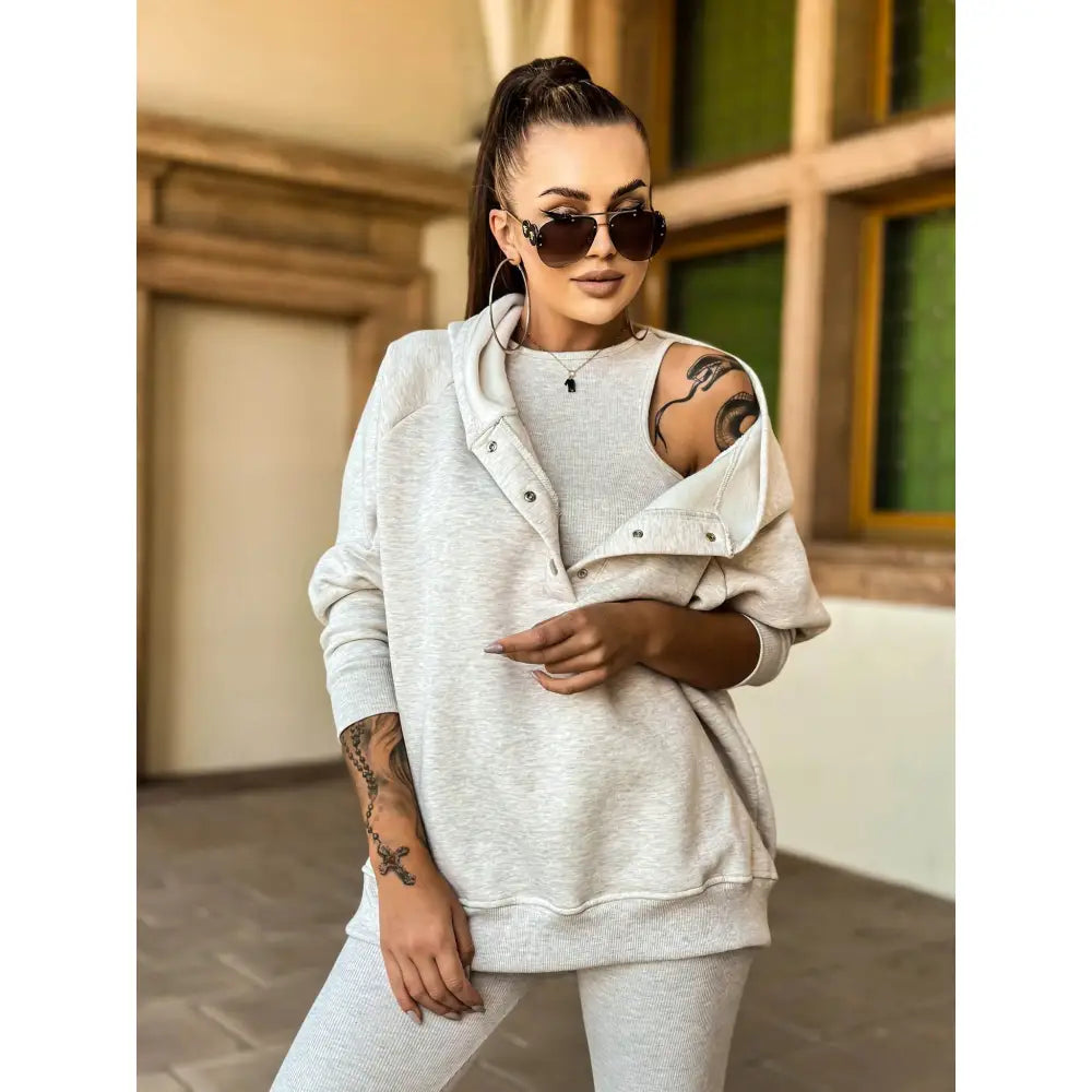 Komplett Tredelt Joggedress Knapper Melert Beige Mønster