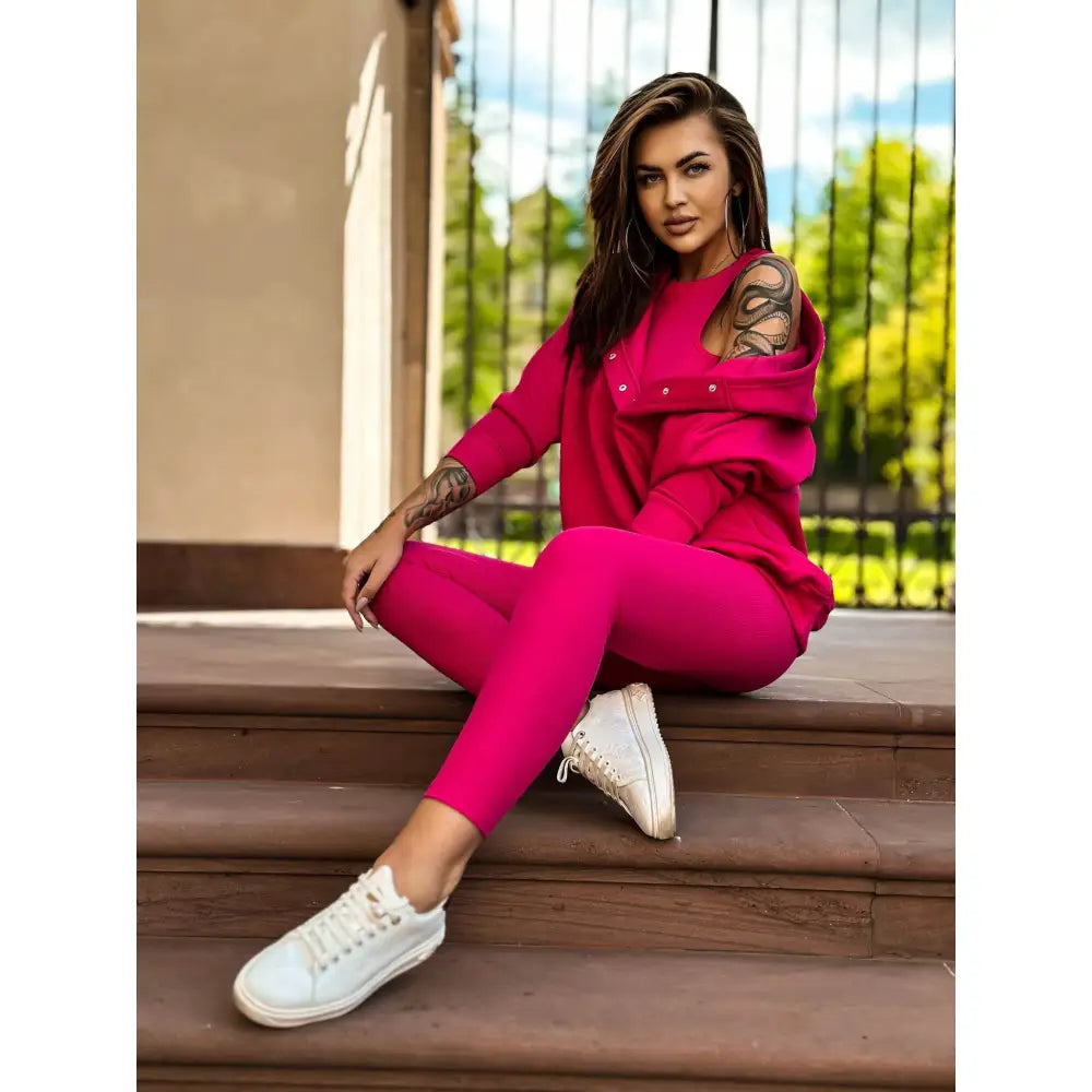 Komplett Tredelt Joggedress Trykknapper Fuchsia - Rosa Mønster