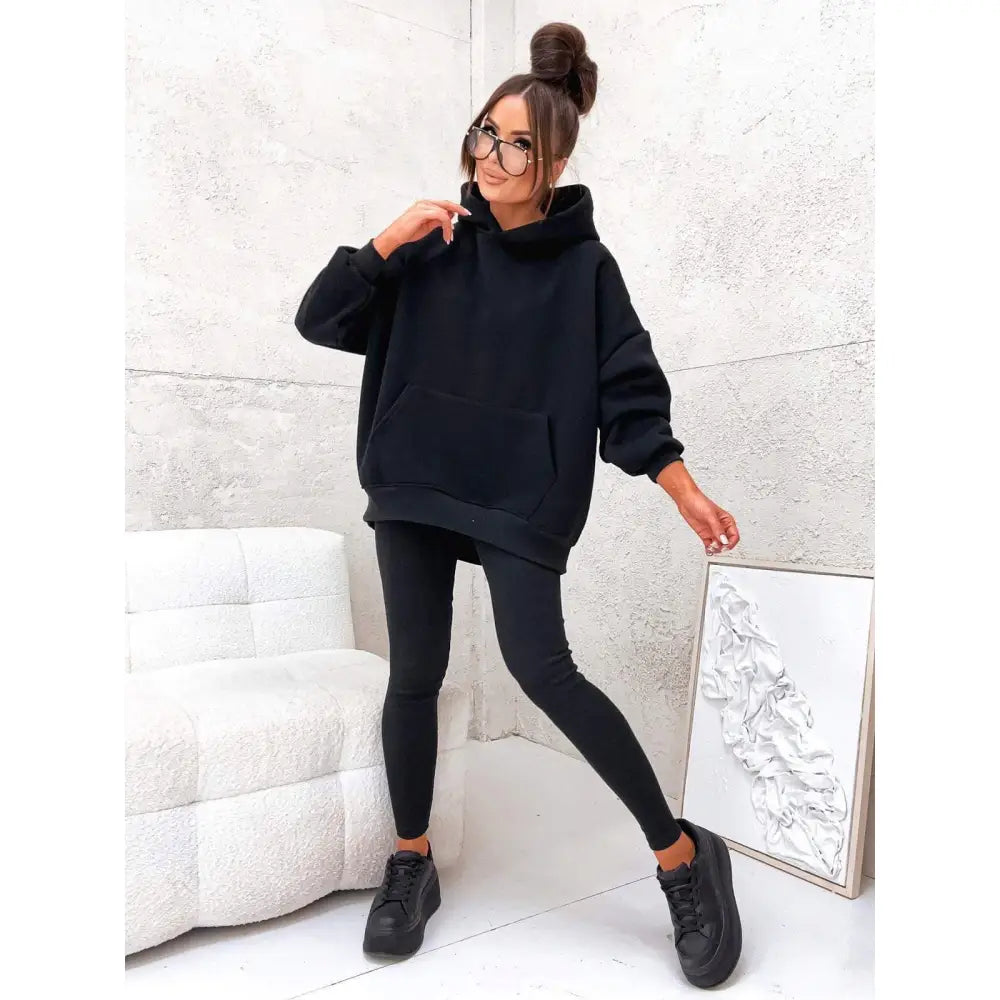 Komplett Treningsdress for Kvinner Hettegenser og Leggings Ribbet Oversized Svart.