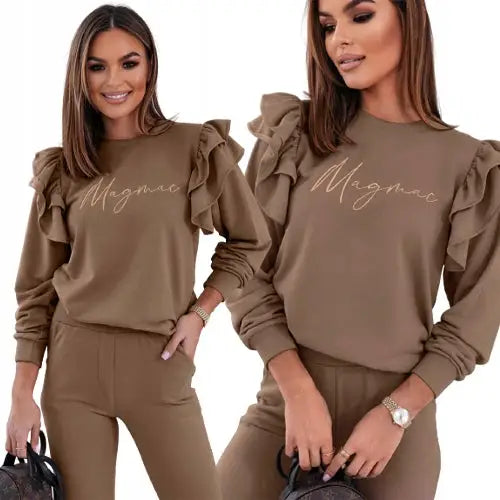 Komplett Treningsdress med Hettegenser Bukser og Volanger i Mørk Beige