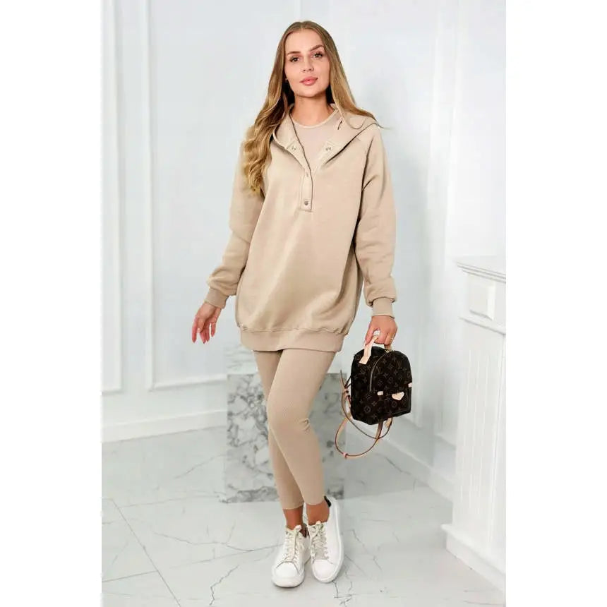 Komplett Treningssett 3i1 med Hettegenser Topp og Leggings i Beige - Beige Mønster