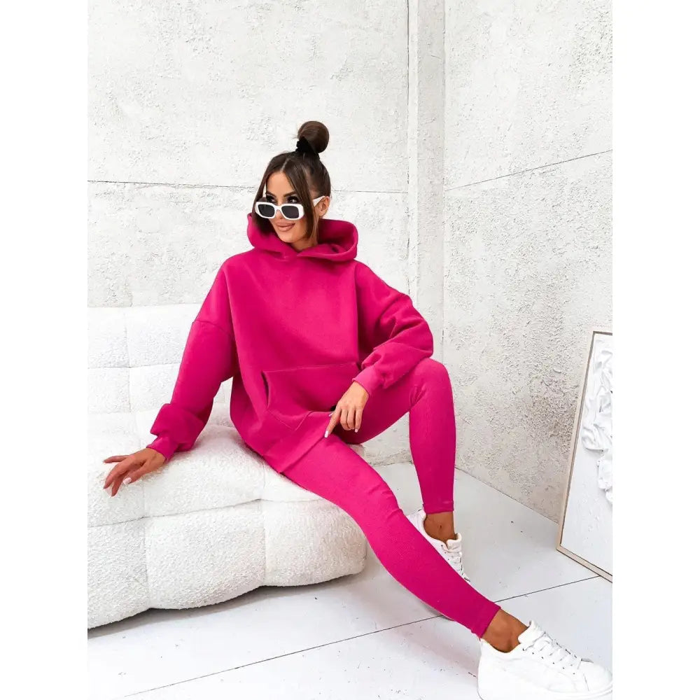 Komplett Treningssett for Kvinner Genser og Tights Ribbet Overdimensjonert Fuchsia