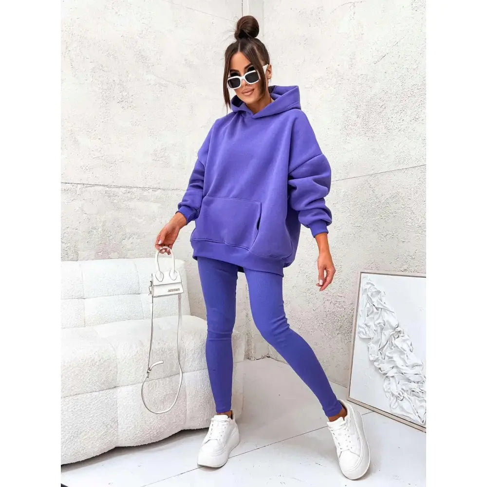 Komplett Treningssett for Kvinner Hettegenser og Leggings Ribbet Oversized Lilla.