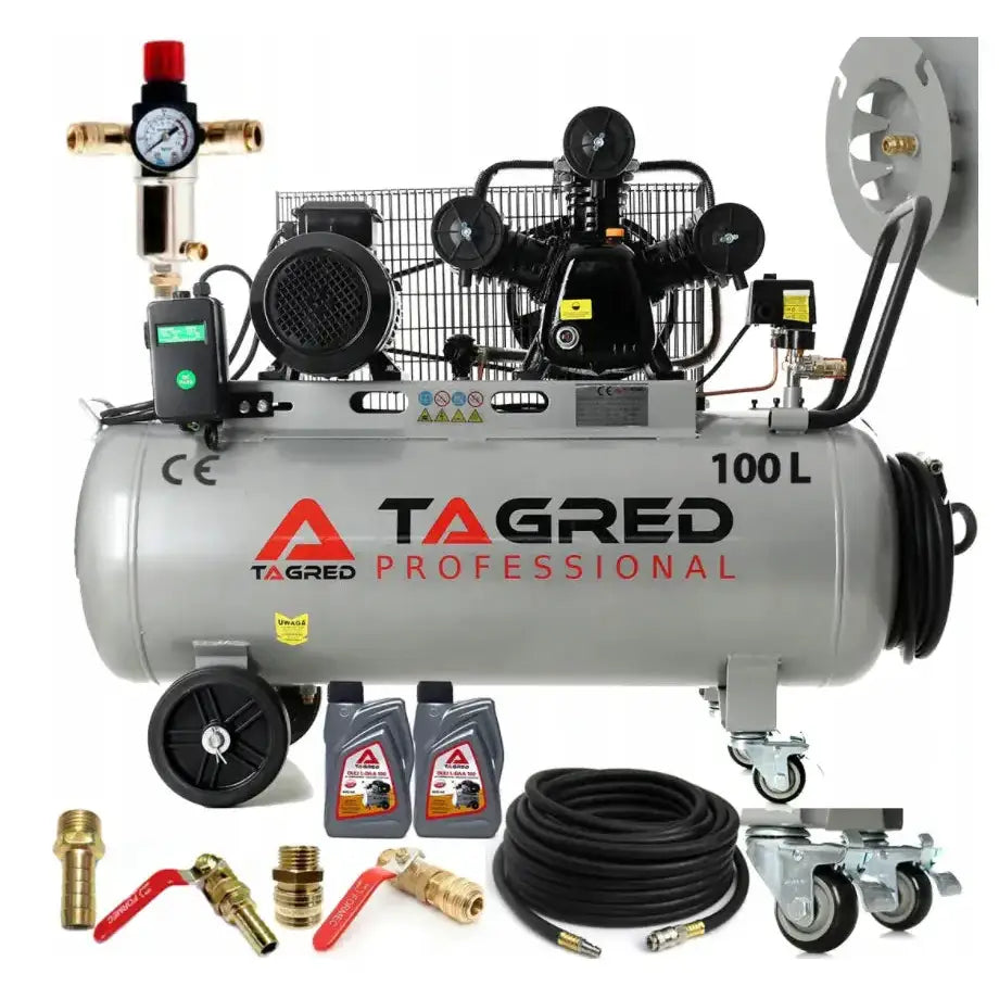 Kompressor 100L, sidevisning med sort motor, slange, ventiler, hjul og oljeflasker foran.