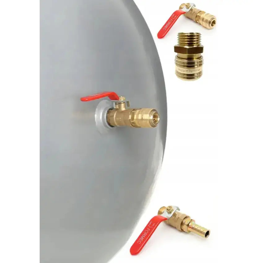 Kompressor 100L, sidevisning av messingkran med rødt håndtak og detaljerte tilkoblinger på grå tank.