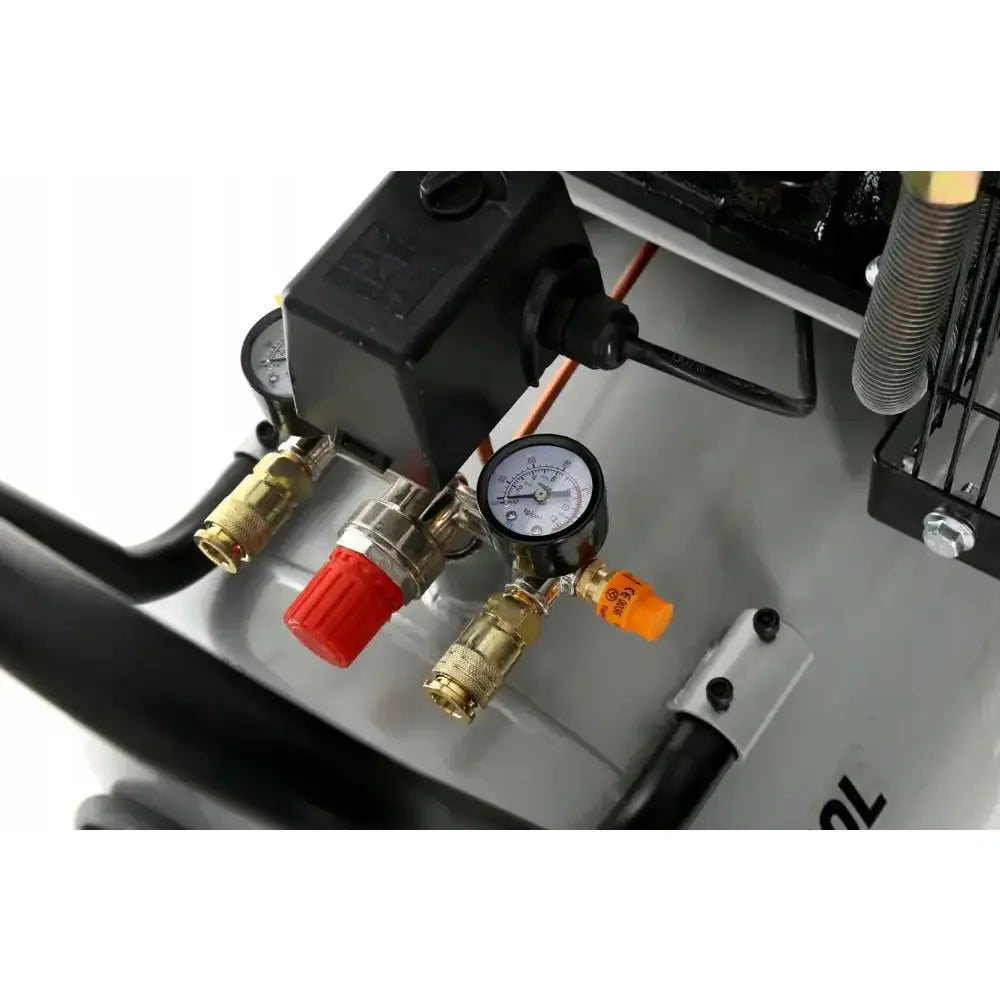 Kompressor 100L, detaljert nærbilde av trykkregulator, manometre og messingkoblinger på styringspanelet.