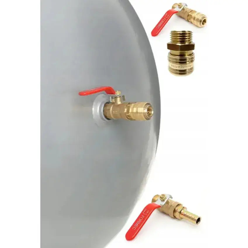 Kompressor 100L, sidevisning av messingventil med rød spak og nærbilder av ventildetaljer på metallrør.