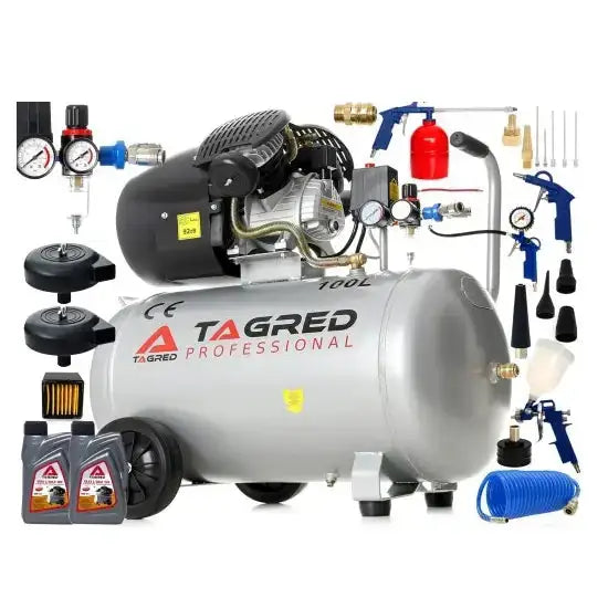 Kompressor 100L med tilbehør, sidevisning av sølvfarget enhet med slanger, målere og blåsepistoler.