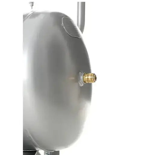 Kompressor 100L sett fra skrå vinkel, viser blank metalloverflate og messingfarget ventil på høyre side.