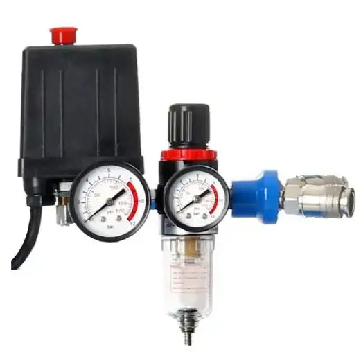 Trykkluftregulator med to manometre og blå kobling, frontvisning med fokus på filterdetaljer i beholderen.