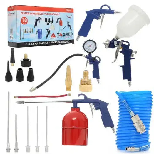 Kompressor 100L med tilbehør, sett ovenfra med blå slange, røde og blå pistoler samt måleinstrumenter.