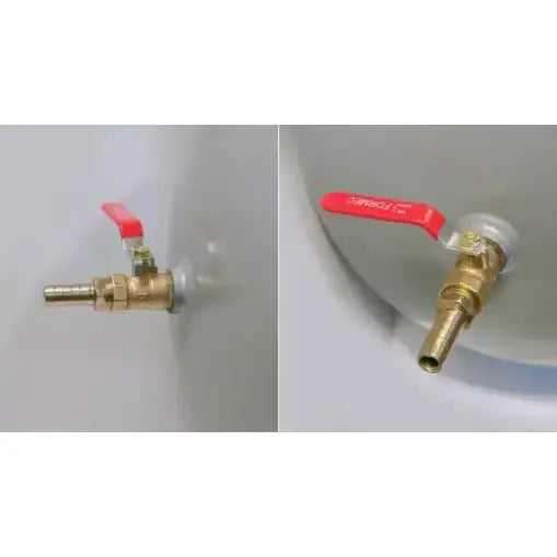 Messingkran med rød spak på kompressor, detaljert visning av kobling fra side og skråvinkel.