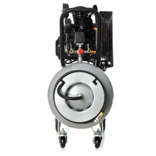 Kompressor 200L med tre stempler, frontbilde som viser sort håndtak, røde ventiler og solide hjul.