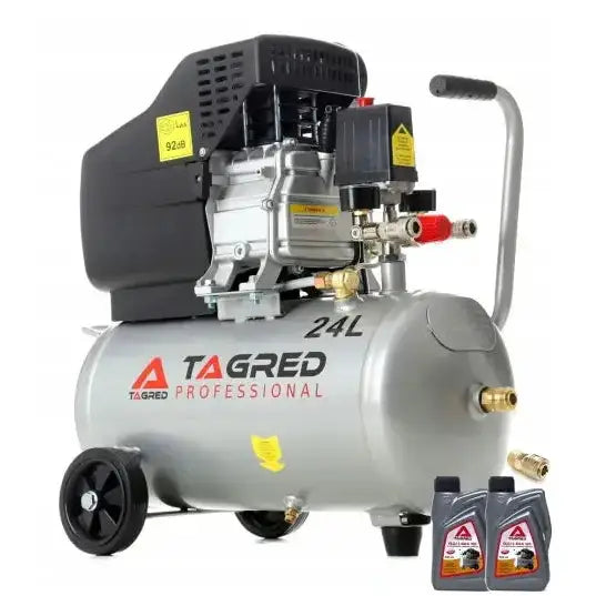 Kompressor 24L 8 bar, sølvfarget modell med hjul og håndtak, sett fra siden med to oljeflasker foran.