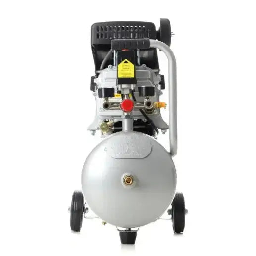 Kompressor 24L 8 bar, frontvisning som viser hjul, håndtak og tilkoblinger tydelig på sølvfarget enhet.