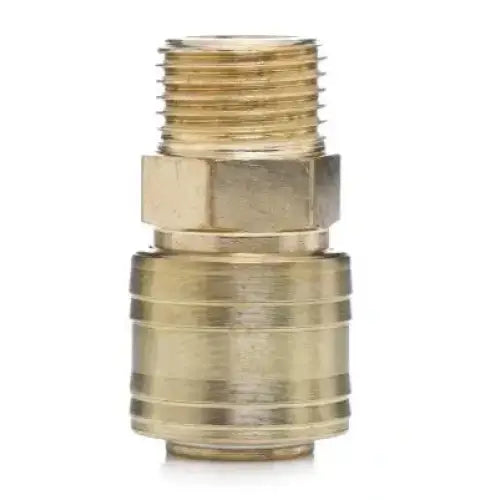 Messingkobling til kompressor, frontvisning med utvendige gjenger og tydelige riller på nedre del.