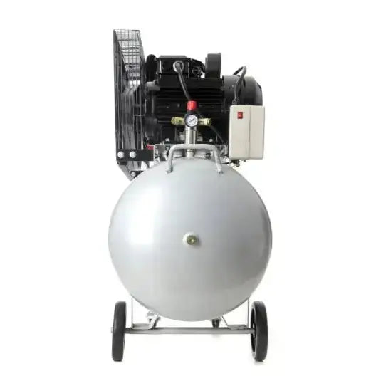 Kompressor 300L med tre stempler, frontvisning som fremhever måler, håndtak og svart motor på hvit bakgrunn.