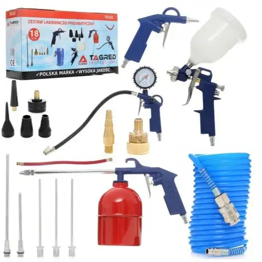 Sett med luftverktøy og tilbehør for kompressor 50L, inkludert lakksprøyte, blåsepistol og trykkmåler på hvit bakgrunn.