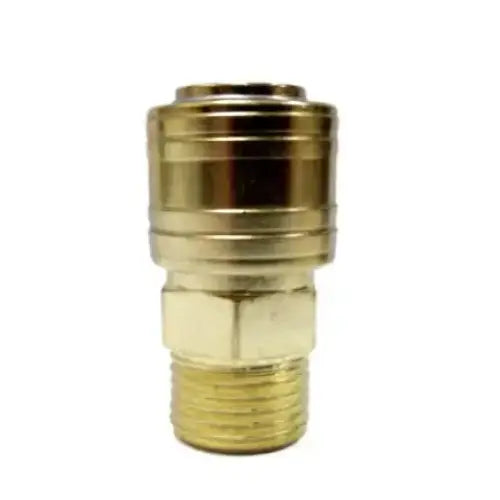 Messingfarget koblingsdel til kompressor, frontvisning som fremhever gjenger og riflete topp.