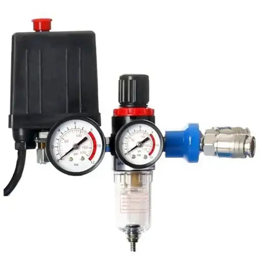 Trykkluftregulator for kompressor 50L, sidevisning med to manometre og tydelig koblingspunkt.