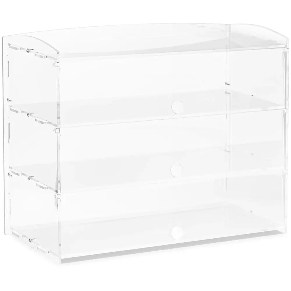 Konditorvare buffet displaylagring i akryl med tre skuffer og runde håndtak, sett fra skrå vinkel.