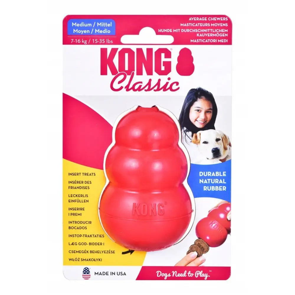 Kong Classic Leketøy for Hund M, rød gummikongle i original emballasje med KONG-logo og bilde av hund og eier.