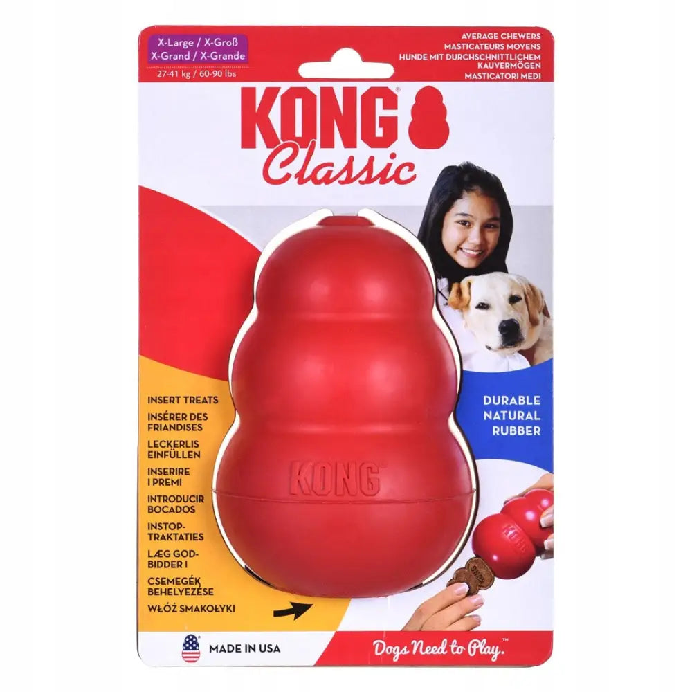 Kong Classic Leketøy for Hund XL i rød gummi, frontvisning i original emballasje med synlig merke og produktinformasjon.