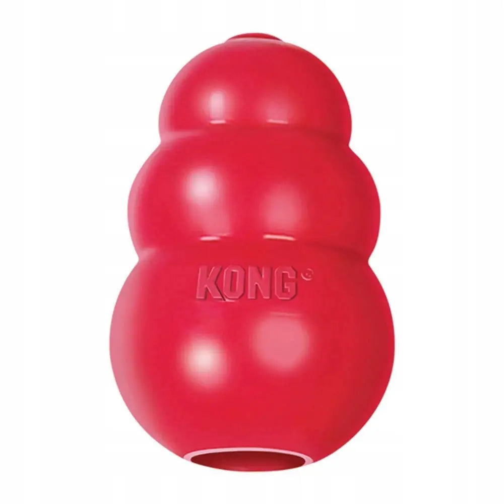 Kong Classic Leketøy for Hunder XXL, rød tredelt gummileke med synlig logo og åpning for godbiter sett fra siden.