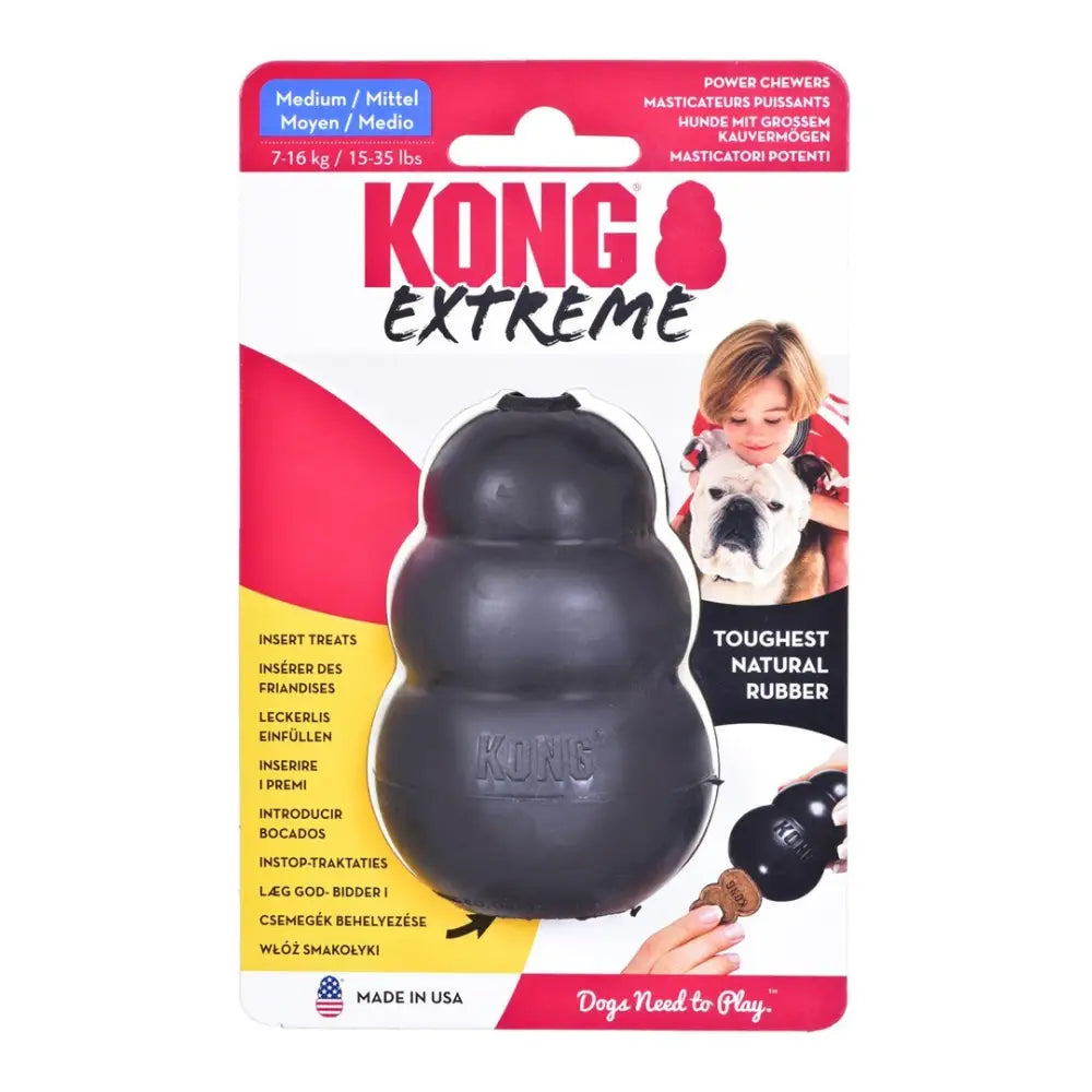 Kong Extreme tyggebein for mellomstor hund, sort gummileke i tredelt form vist i original emballasje med instruksjoner.