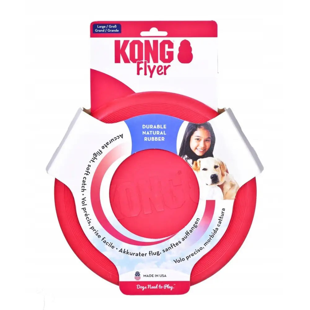 Kong Flyer L Frisbee for Hund, rød gummifrisbee i emballasje med bilde av jente og hund, sett forfra.