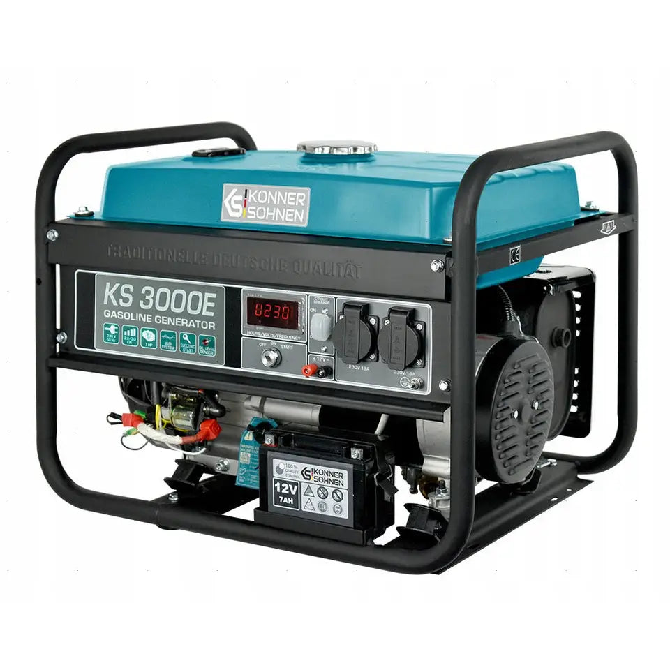 Konner & Sohnen Ks 3000E strømaggregat med turkis topp, sorte rammer og detaljert kontrollpanel, skrå front.