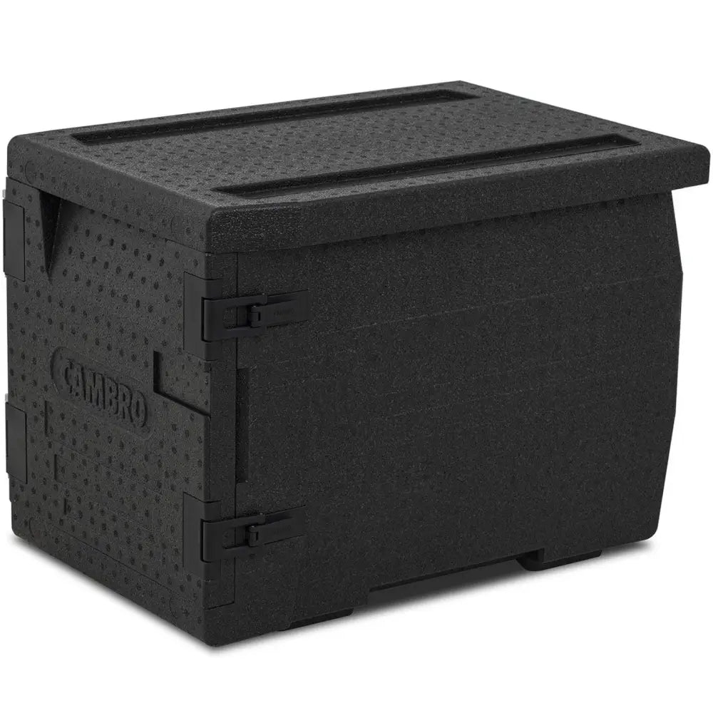 Kontainer termobox EPP CAMBRO for GN 1/1, skråvisning med synlig lokk og låser i strukturert sort plast.