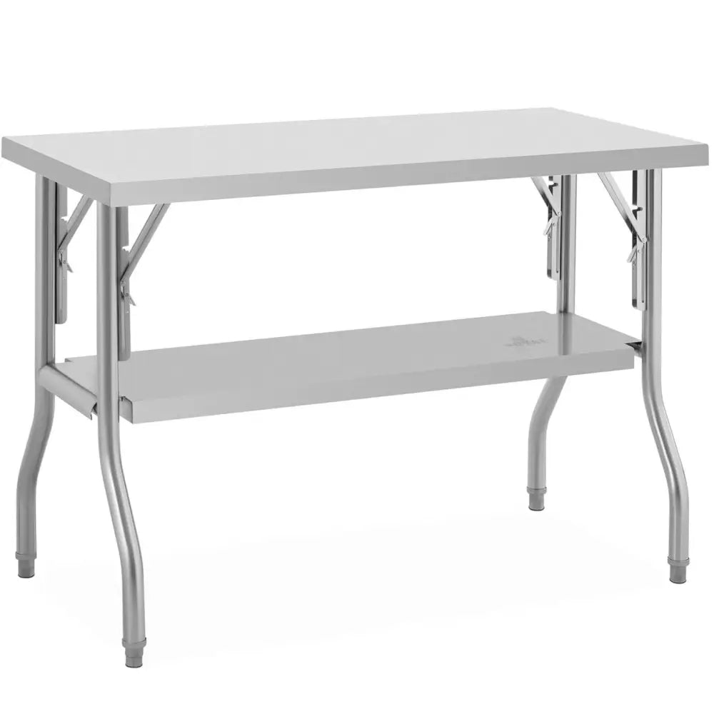 Sammenleggbart kontorbord i rustfritt stål, skrå vinkel som viser underhylle og buede ben.