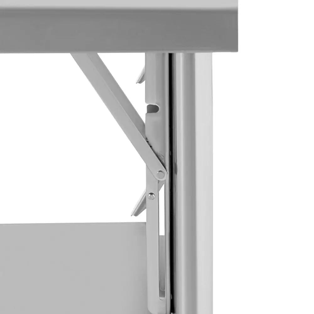 Sammenleggbart kontorbord, nærbilde av grå metallramme med utfellbar hengselmekanisme og støttebein.