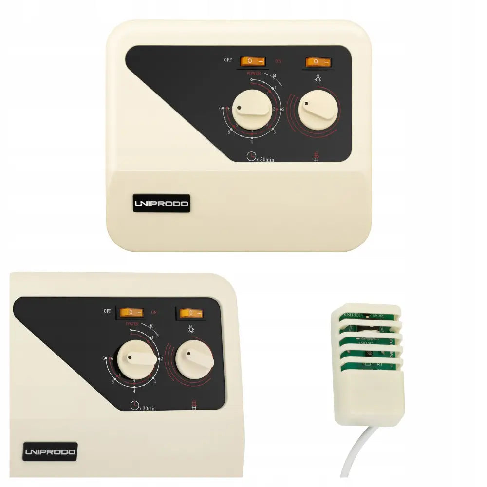 Kontrollpanel for sauna fra Uniprodo med to dreieknapper, indikatorlys og hvit temperatursensor med kabel.