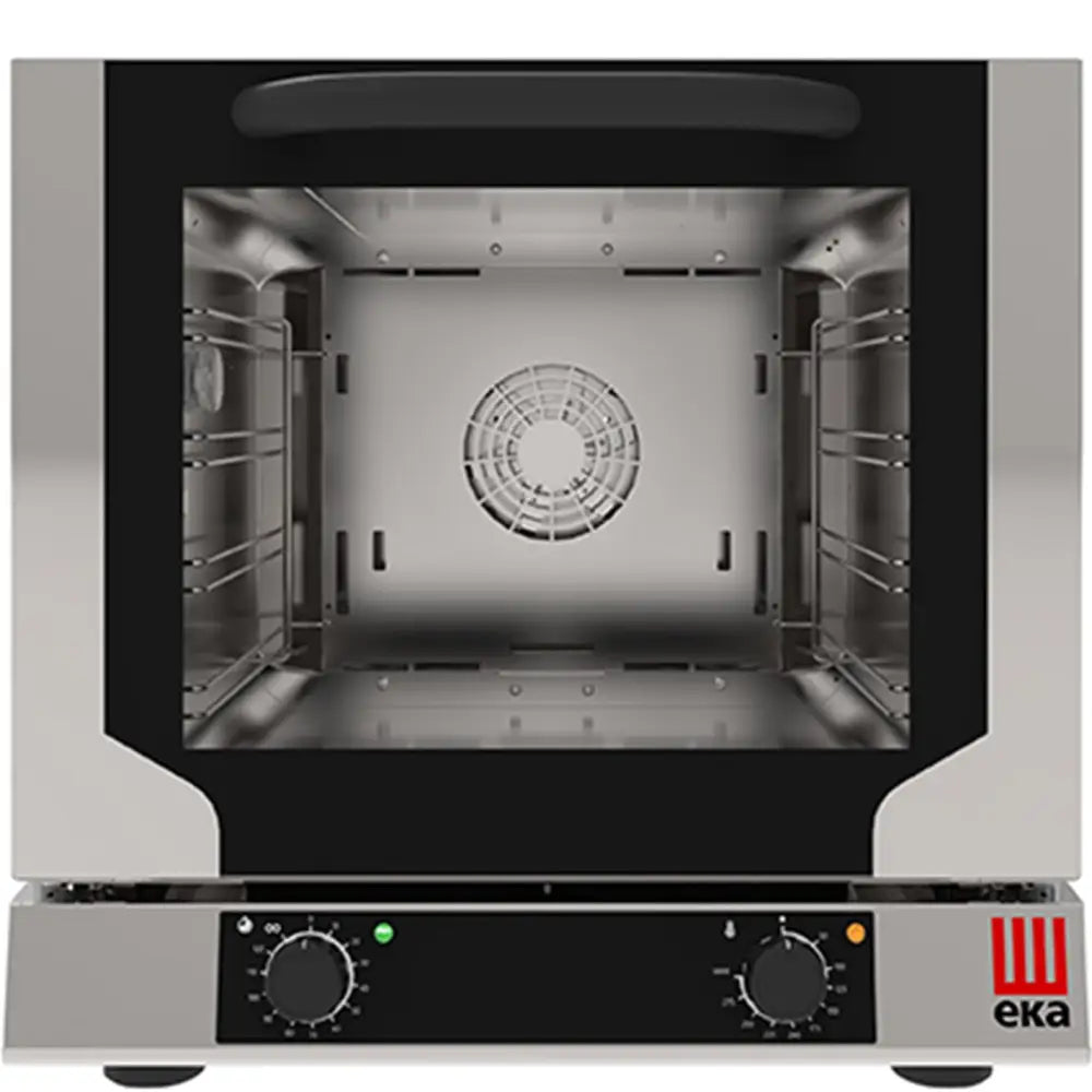 Konveksjonsovn Evolution Next, frontvisning med stor glassdør, to knotter og synlig vifte i ovnsrommet.