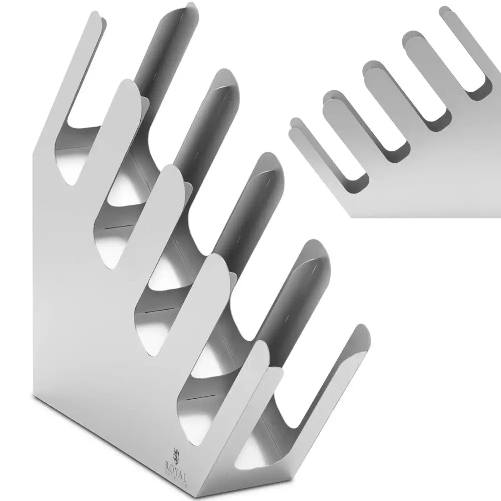 Kopp- og lokkholder stålstativ med fire åpne rom, sett i skrå vinkel og minimalistisk design.