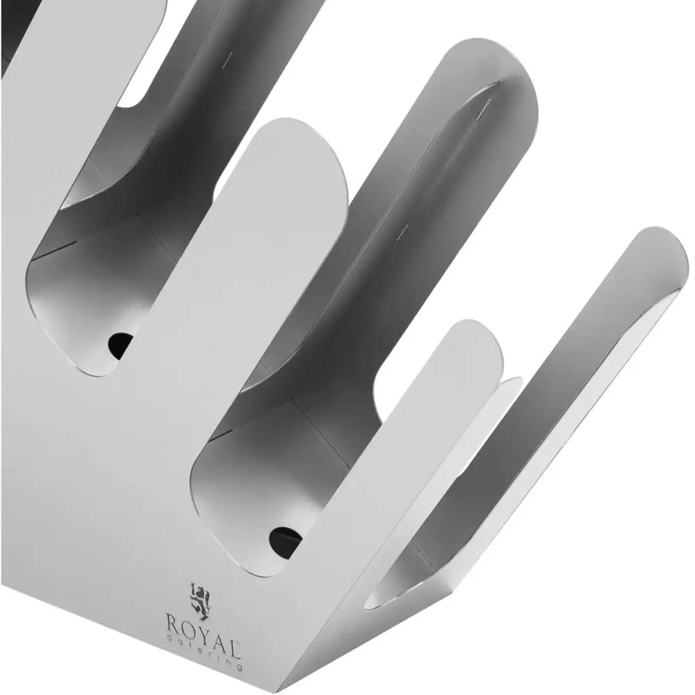 Kopp- og lokkholder stålstativ med fire rom, nærbilde fra skrå vinkel med Royal Catering-logo.