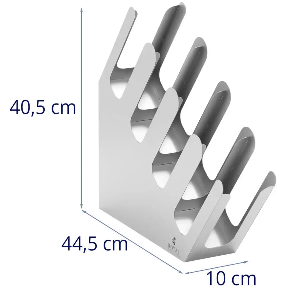 Kopp- og lokkholder stålstativ med fire rom, sidevisning som fremhever seks vinkelformede spor og mål.