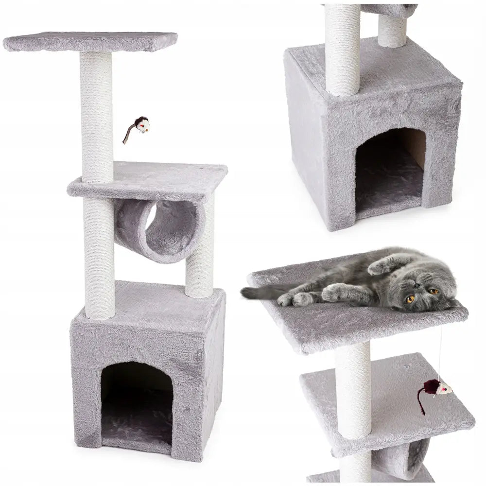 Krabbe Tårn for Katter Mruczka, grått klorestativ med tunnel, hule og katt som hviler på øverste liggeplate.