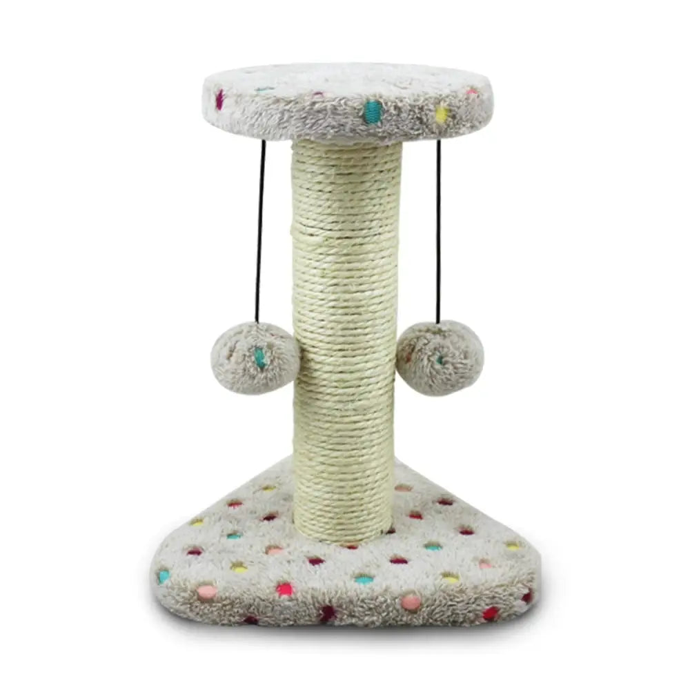 Krabbestativ for katter med sisalstamme, myk overflate med fargerike prikker og to hengende plysjboller.