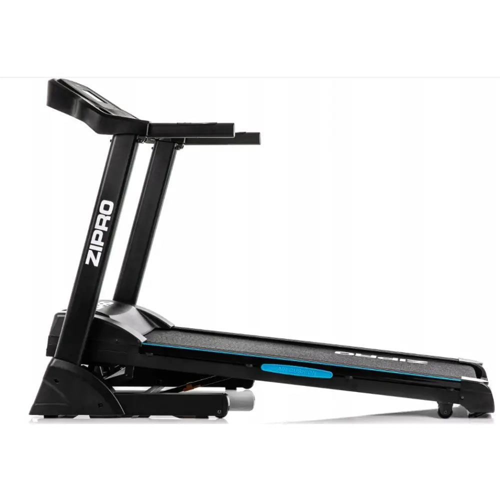 Tredemølle Zipro Notus, venstre sidevisning med blå detaljer på båndet og logoen synlig på stativet.