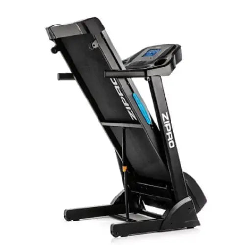 Tredemølle Zipro Notus, sammenfoldet fra siden med blå detaljer og synlig display på kontrollpanelet.