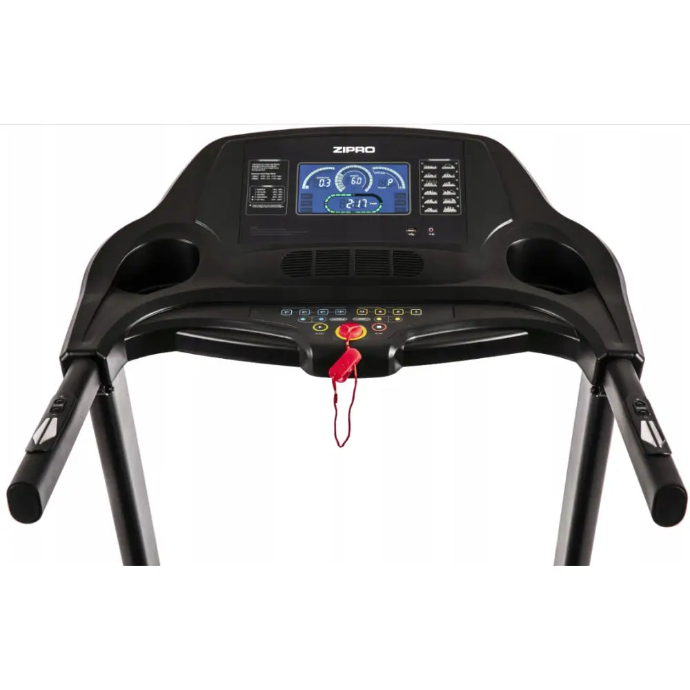 Tredemølle Zipro Notus, oversiktsbilde av svart kontrollpanel med digital skjerm, knapper og rød sikkerhetsklips.