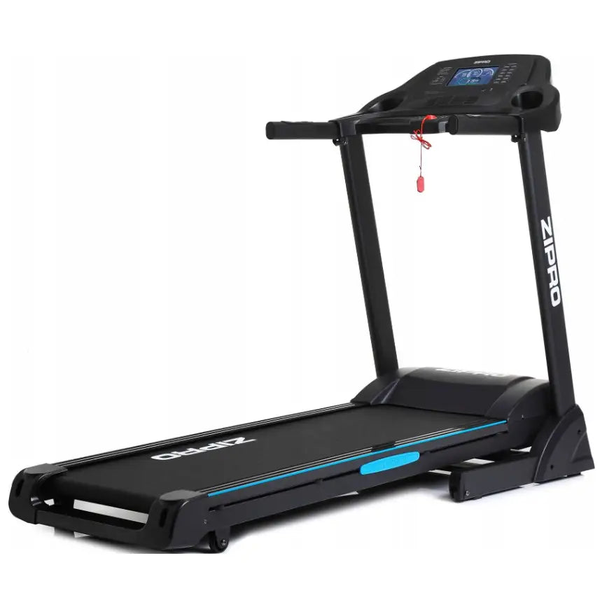 Tredemølle Zipro Notus, skrå sidevisning med blå detaljer, stor digital skjerm og synlig sikkerhetssnor på konsollen.