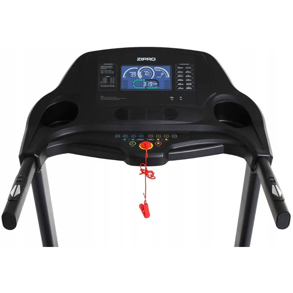 Tredemølle Zipro Notus, oversiktsbilde av svart kontrollpanel med digital skjerm, pulsmåler og rød sikkerhetssnor.