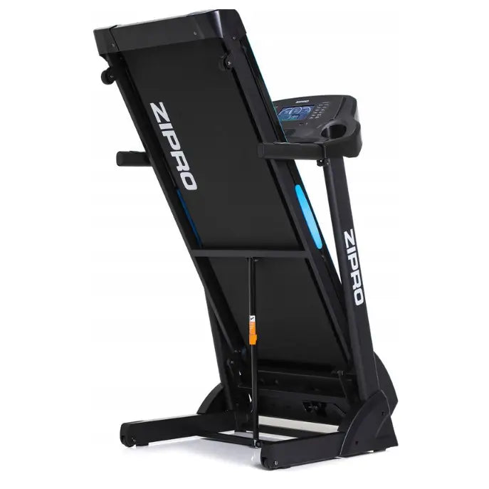 Tredemølle Zipro Notus, sammenfoldet og stående, med synlige blå detaljer og hvite logoer på rammen.