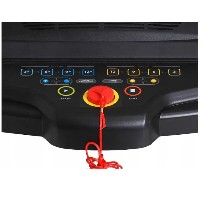 Tredemølle Zipro Notus, oversiktsbilde av svart kontrollpanel med fargede knapper og rød sikkerhetsnøkkel.