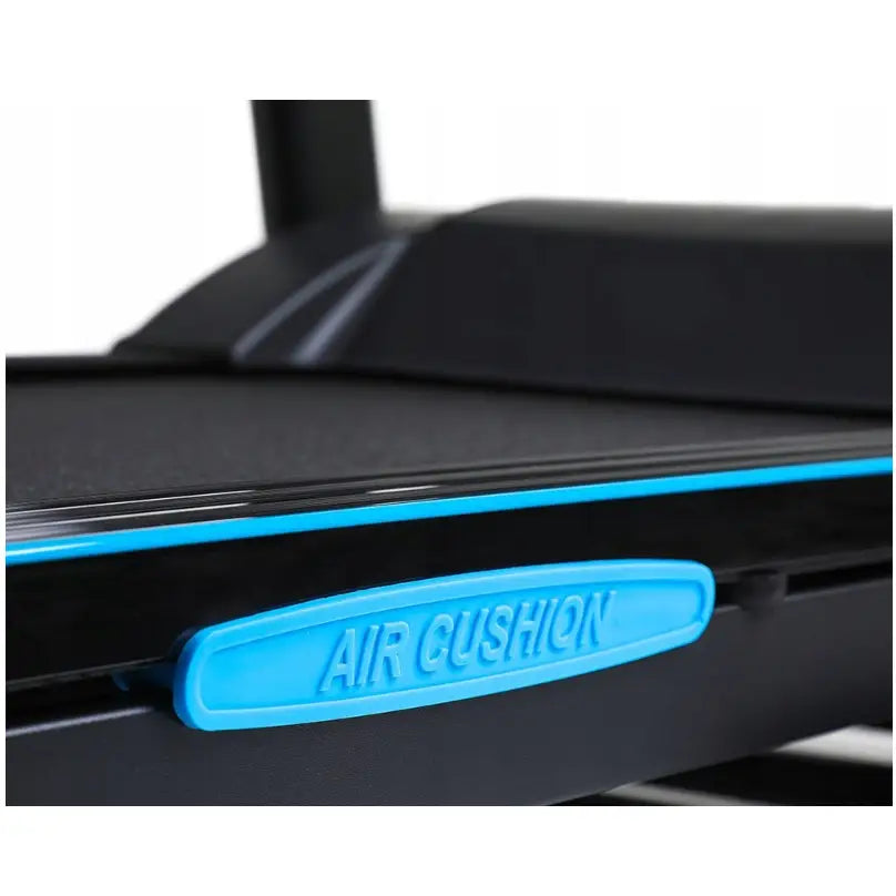 Tredemølle Zipro Notus, nærbilde av AIR CUSHION-demping i blå plast på sort sidepanel.